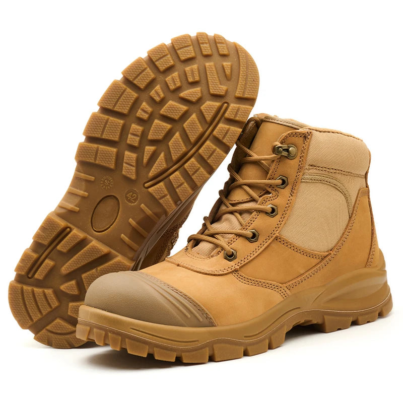 Unisex S3 Cow Leather Safety Shoes Dual Density PU Acid Oil Resistant Anti-Slip Construction Mid Cut CE Certified for Factory Shield Tread