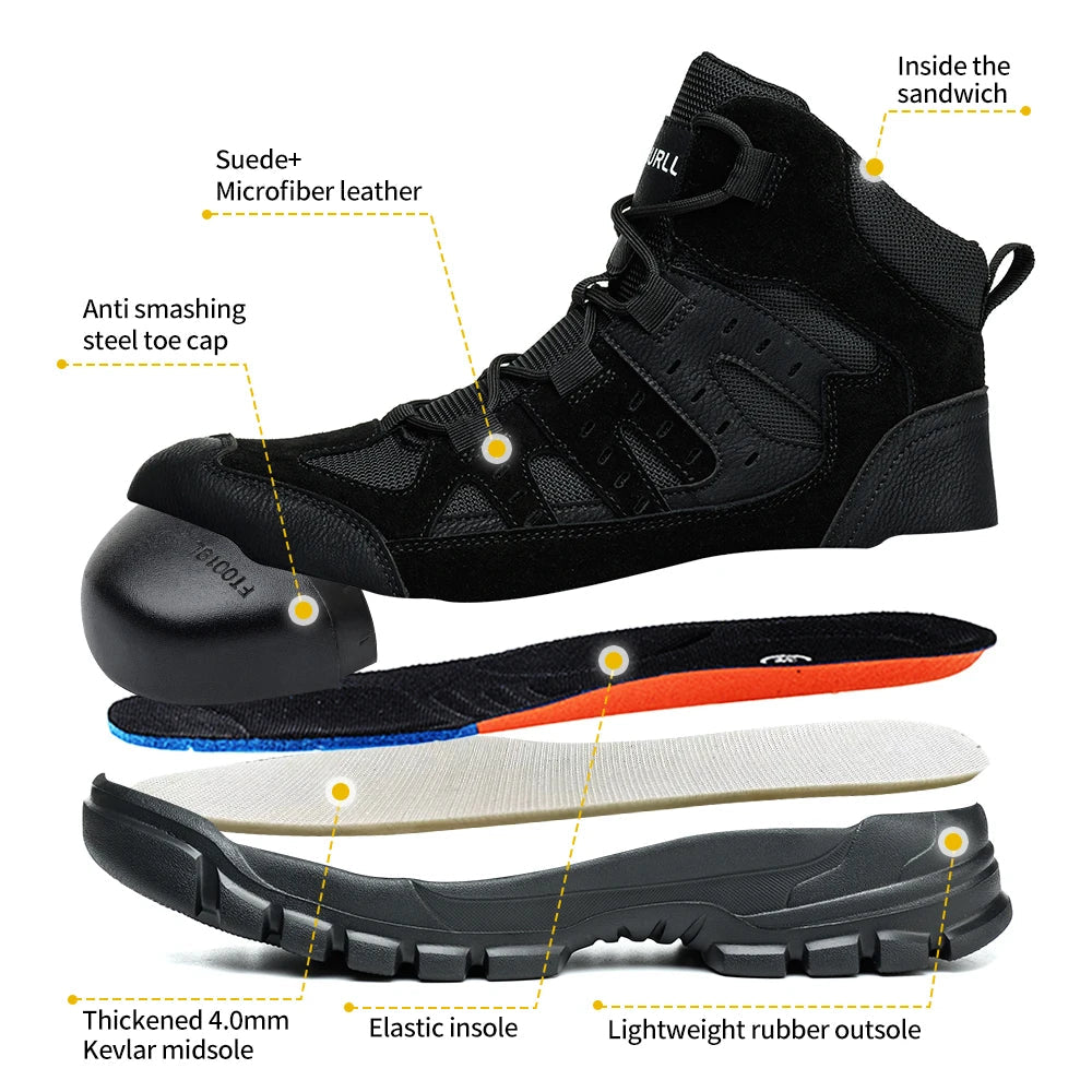 Black Mesh Steel Toe Breathable PU Sole Anti-Blocking Anti-Smashing Impact Resistance Stock Suede Leather Safety Winter Factory Shield Tread