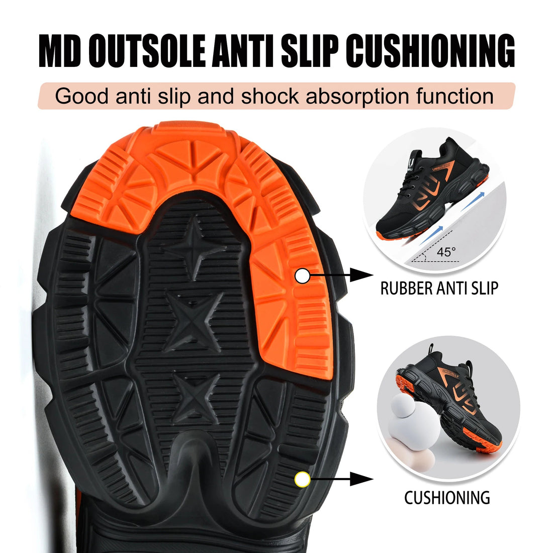 New Arrivals Orange Light Weight Steel Toe Brand MD Sole Fashion Sport Comfortable Breathable Work Safety Shoes for Men Shield Tread