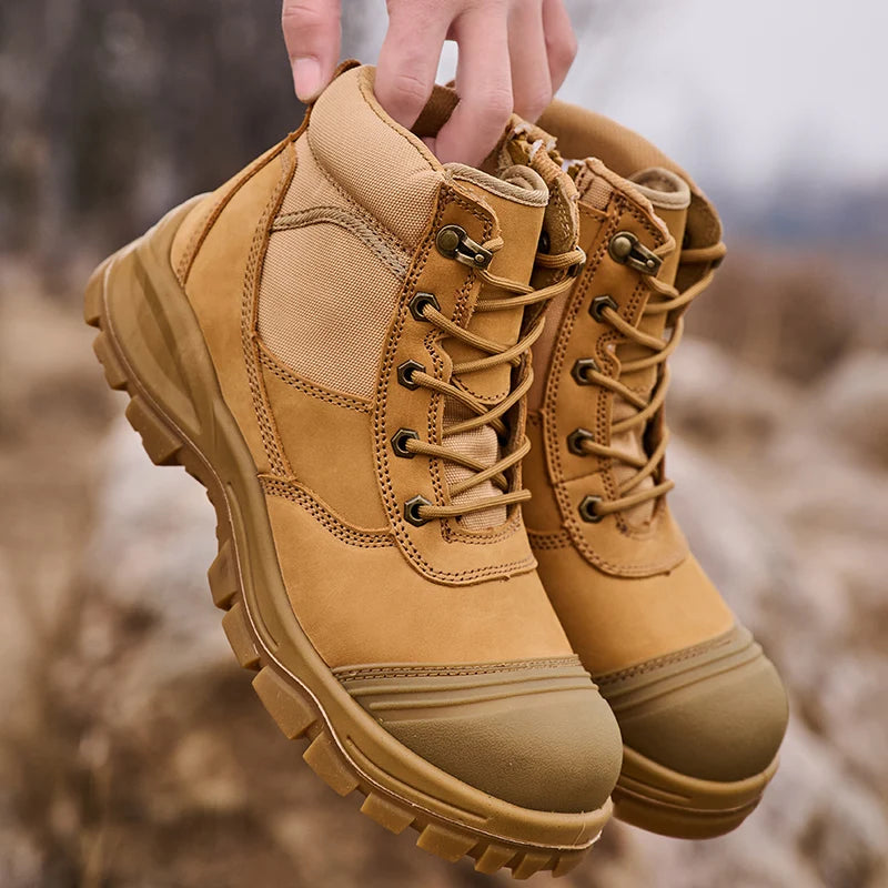Unisex S3 Cow Leather Safety Shoes Dual Density PU Acid Oil Resistant Anti-Slip Construction Mid Cut CE Certified for Factory Shield Tread