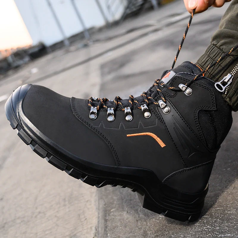 Comfortable Black Nubuck Leather S1P Safety Boot Shoes with Waterproof PU Injection Outsole for Winter Factory Work Shield Tread
