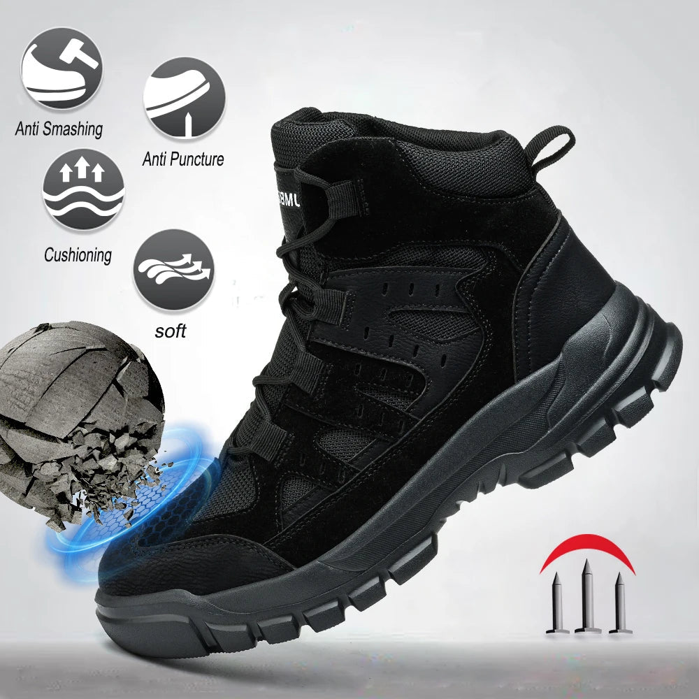 Black Mesh Steel Toe Breathable PU Sole Anti-Blocking Anti-Smashing Impact Resistance Stock Suede Leather Safety Winter Factory Shield Tread