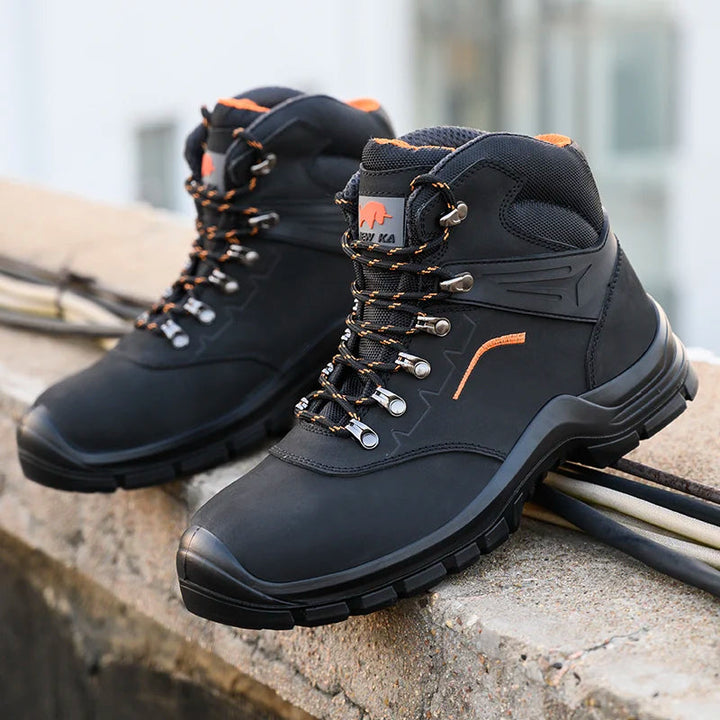 Comfortable Black Nubuck Leather S1P Safety Boot Shoes with Waterproof PU Injection Outsole for Winter Factory Work Shield Tread