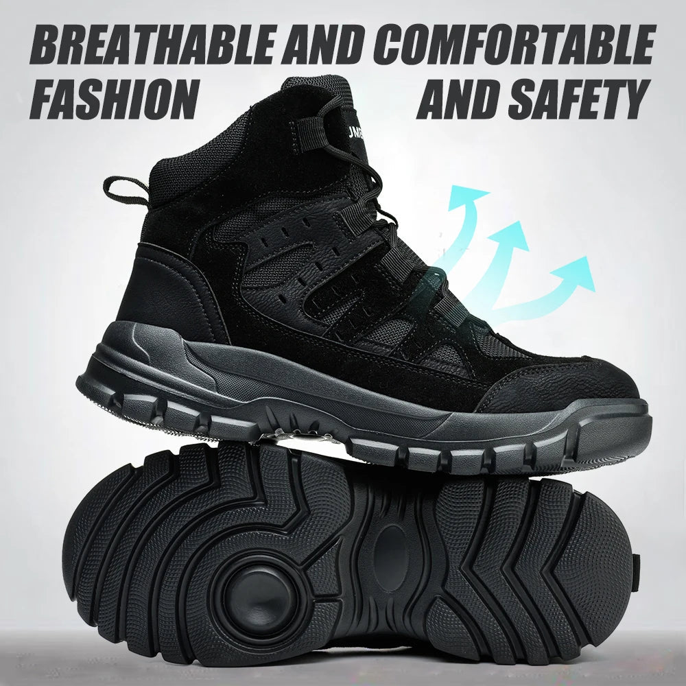 Black Mesh Steel Toe Breathable PU Sole Anti-Blocking Anti-Smashing Impact Resistance Stock Suede Leather Safety Winter Factory Shield Tread
