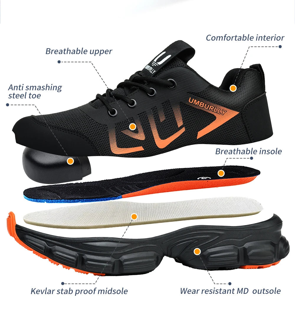 New Arrivals Orange Light Weight Steel Toe Brand MD Sole Fashion Sport Comfortable Breathable Work Safety Shoes for Men Shield Tread