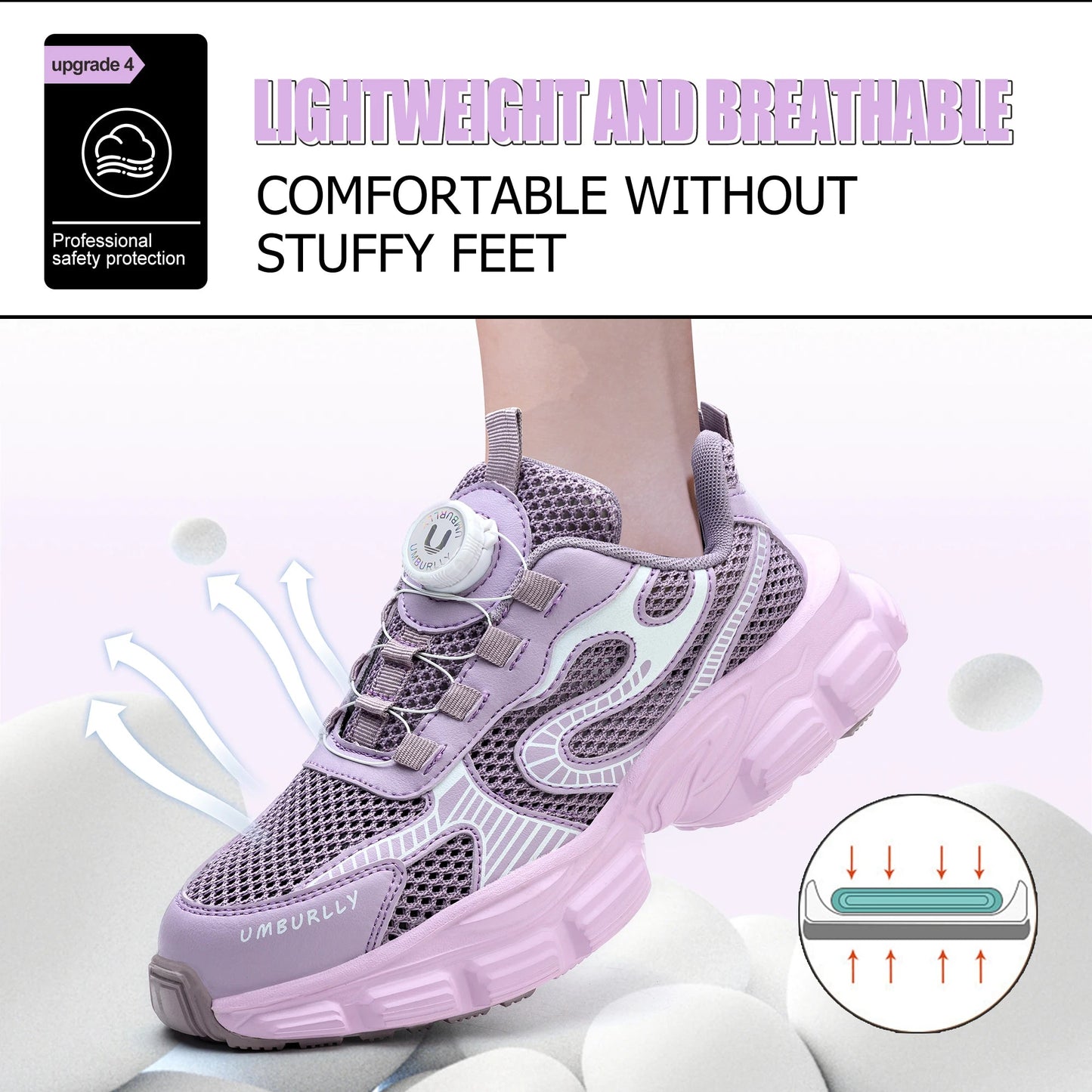 Purple Anti-Smashing Steel Toe Work Safety Shoes Lightweight Non-Slip for Ladies Low Cut for Office & Factory Workers Shield Tread