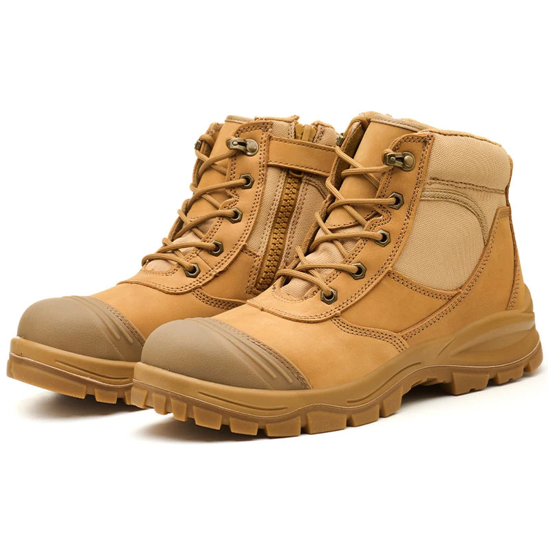 Unisex S3 Cow Leather Safety Shoes Dual Density PU Acid Oil Resistant Anti-Slip Construction Mid Cut CE Certified for Factory Shield Tread