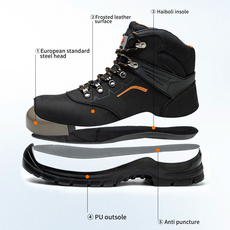 Comfortable Black Nubuck Leather S1P Safety Boot Shoes with Waterproof PU Injection Outsole for Winter Factory Work Shield Tread