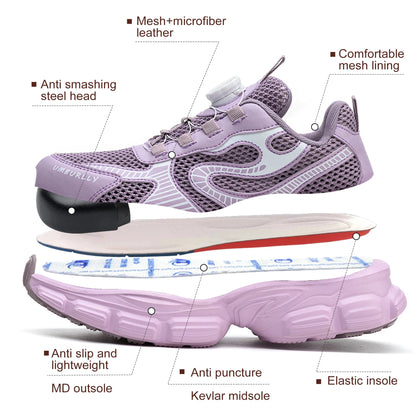 Purple Anti-Smashing Steel Toe Work Safety Shoes Lightweight Non-Slip for Ladies Low Cut for Office & Factory Workers Shield Tread
