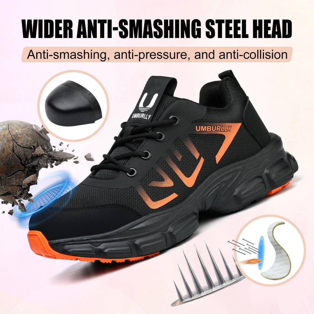 New Arrivals Orange Light Weight Steel Toe Brand MD Sole Fashion Sport Comfortable Breathable Work Safety Shoes for Men Shield Tread