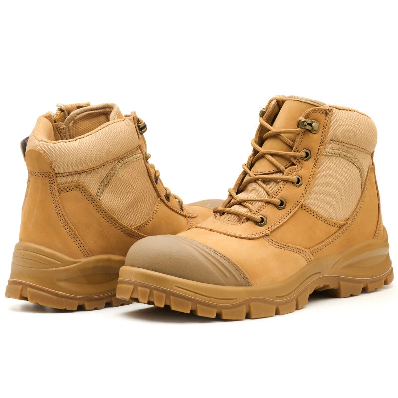 Unisex S3 Cow Leather Safety Shoes Dual Density PU Acid Oil Resistant Anti-Slip Construction Mid Cut CE Certified for Factory Shield Tread