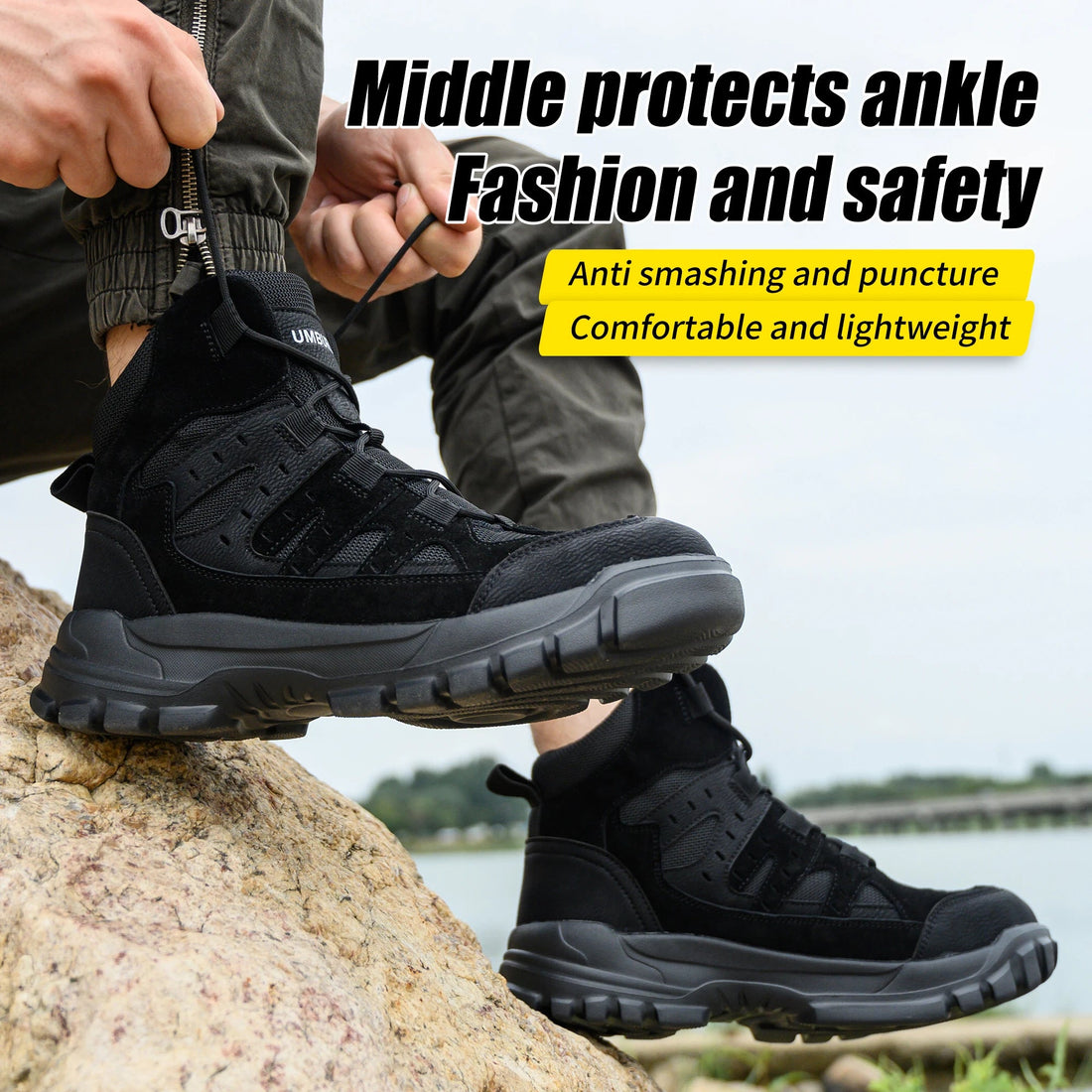Black Mesh Steel Toe Breathable PU Sole Anti-Blocking Anti-Smashing Impact Resistance Stock Suede Leather Safety Winter Factory Shield Tread