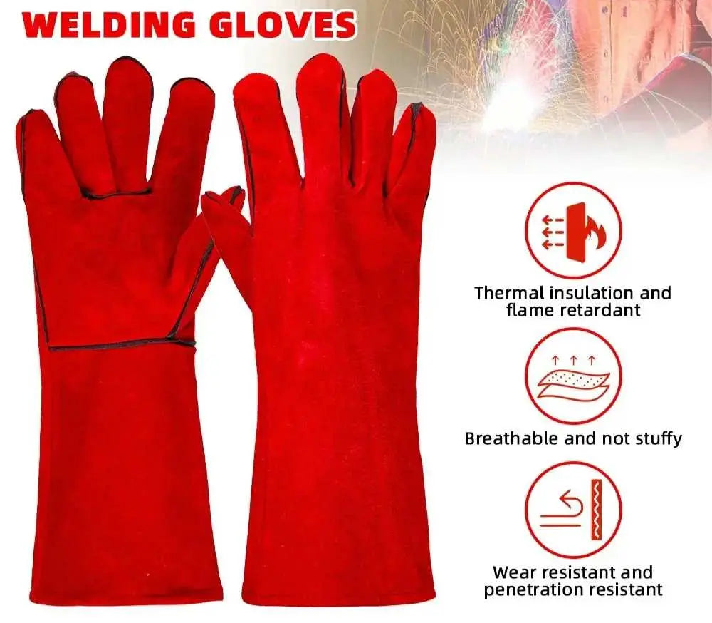 Leather Welding Gloves – Heat Resistant & Fireproof Gauntlets 14:10#Red